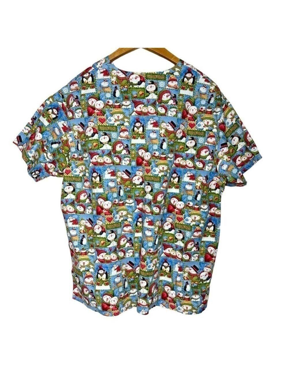 Christmas Snowbuddies Snowman Themed Scrub‎ Top Women’s XL